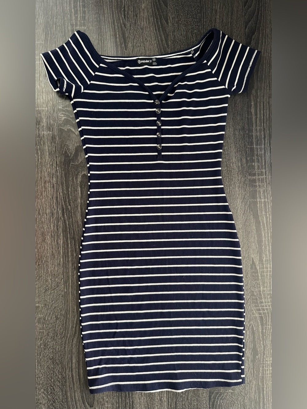 Popular 21 Women’s Navy White Striped Ribbed Bodycon Dress Off Shoulder Size M